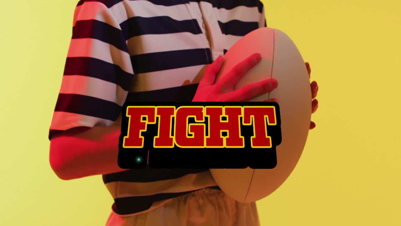 Holding rugby ball, person with FIGHT text overlay on yellow background animation