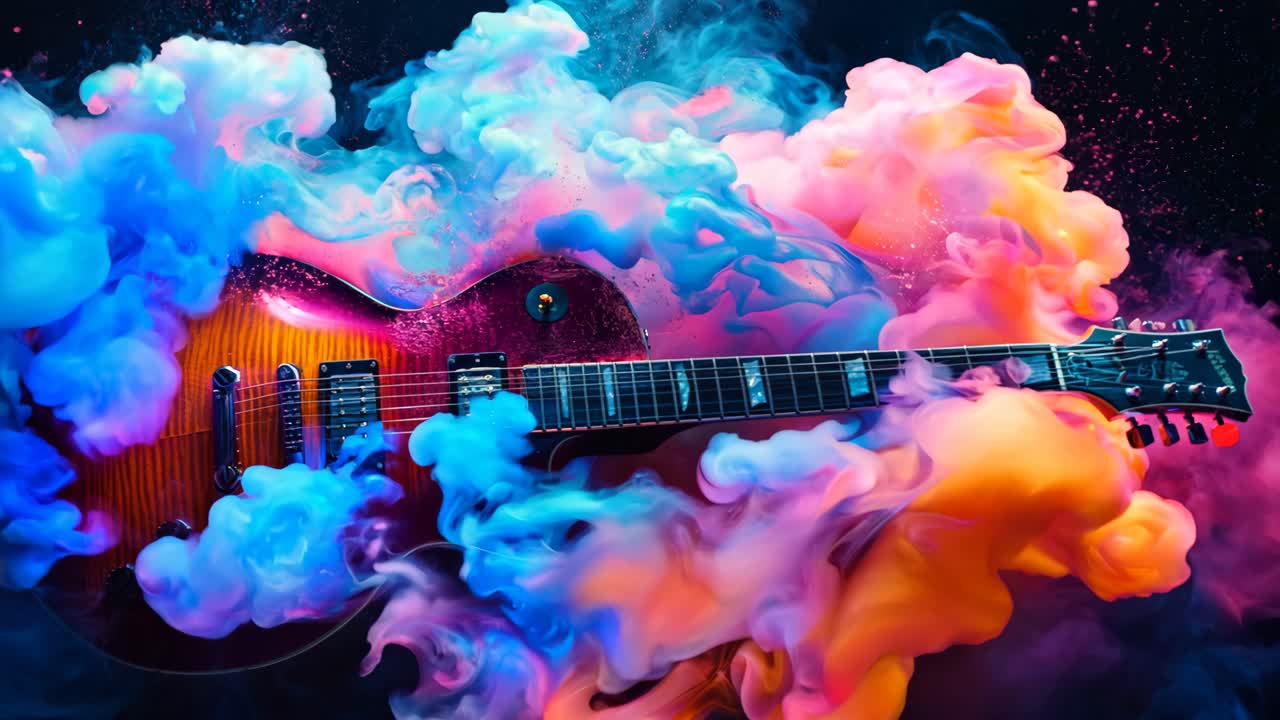 A guitar is shown in a colorful smokey background. The guitar is a vintage model and is the center of attention in the image