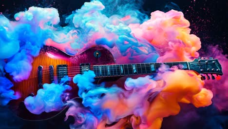 a guitar is shown in a colorful smokey background. the guitar is a vintage model and is the center of attention in the image