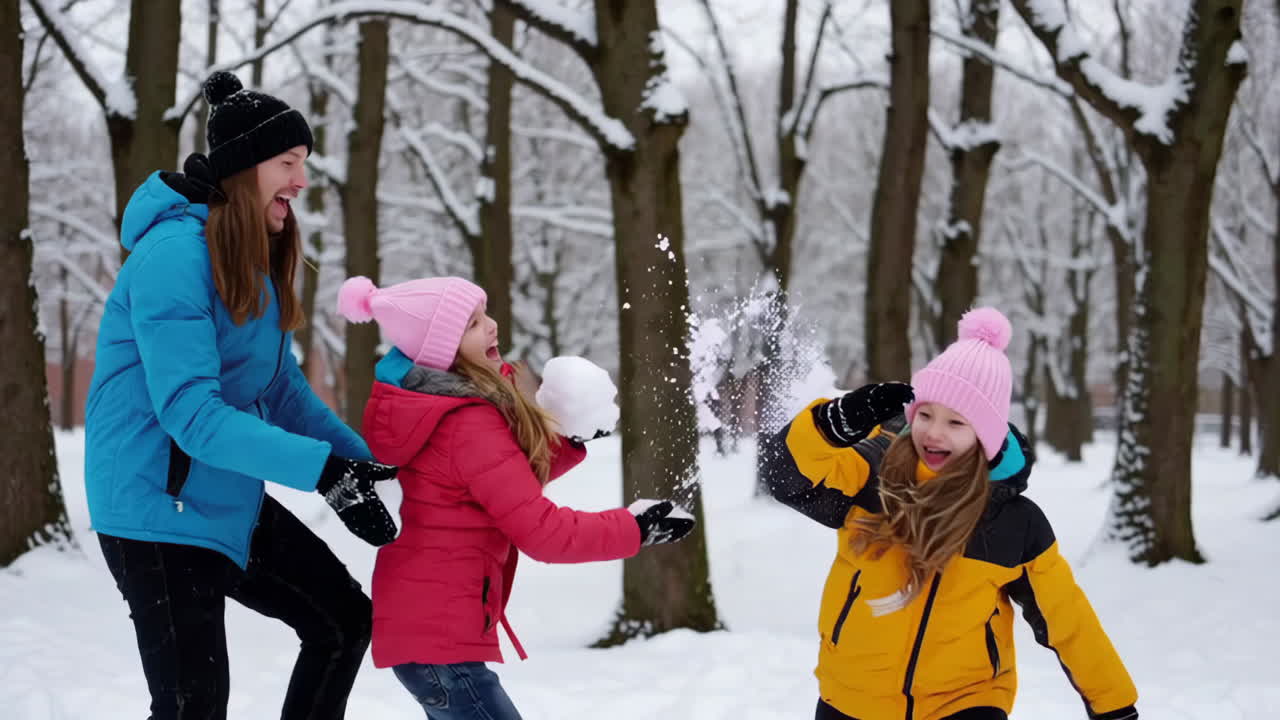 Family and Kids Having a Joyful Snowball Fight in a Winter Park