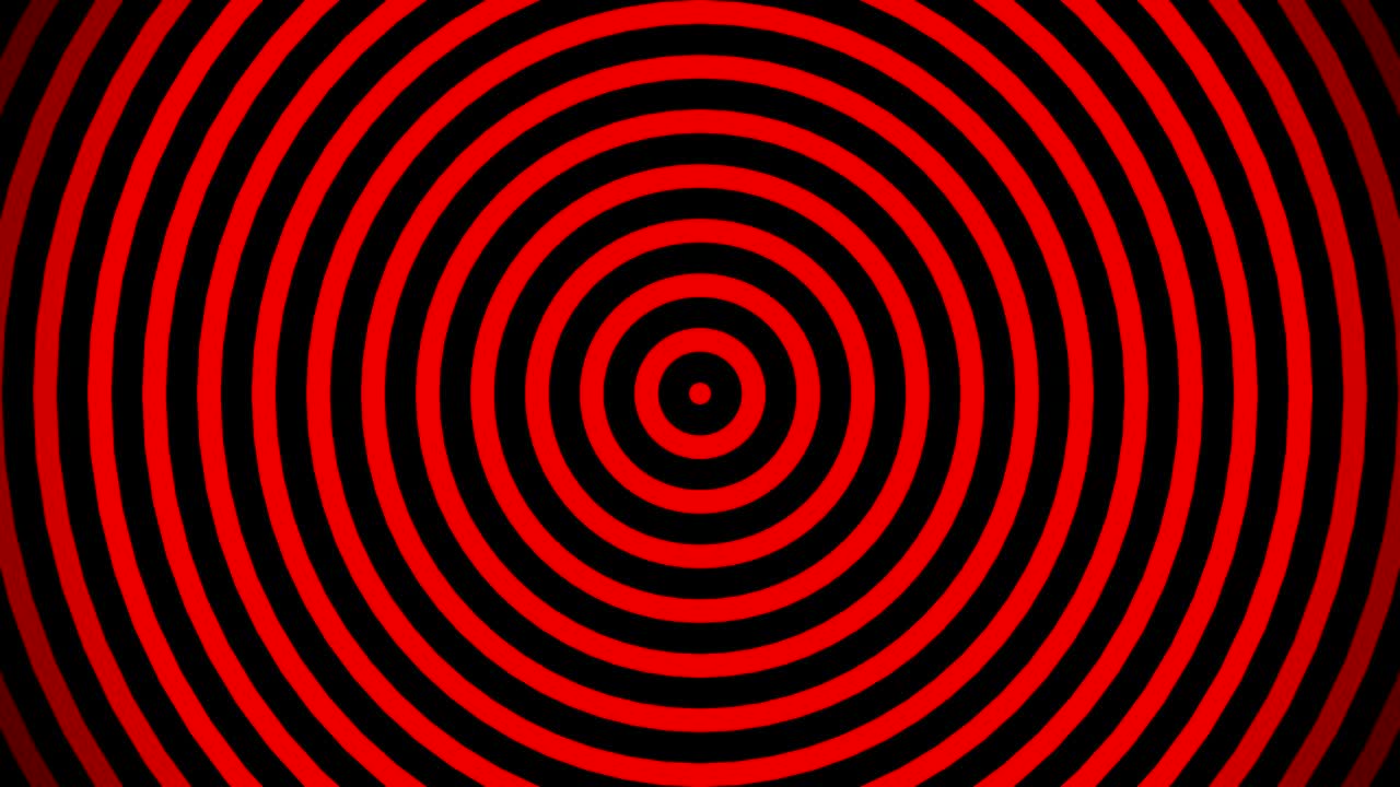 Glatter, entspannender abstrakter Hintergrund. Animierte pulsierende Kreise oder Radiowellen. Rot, Schwarz.