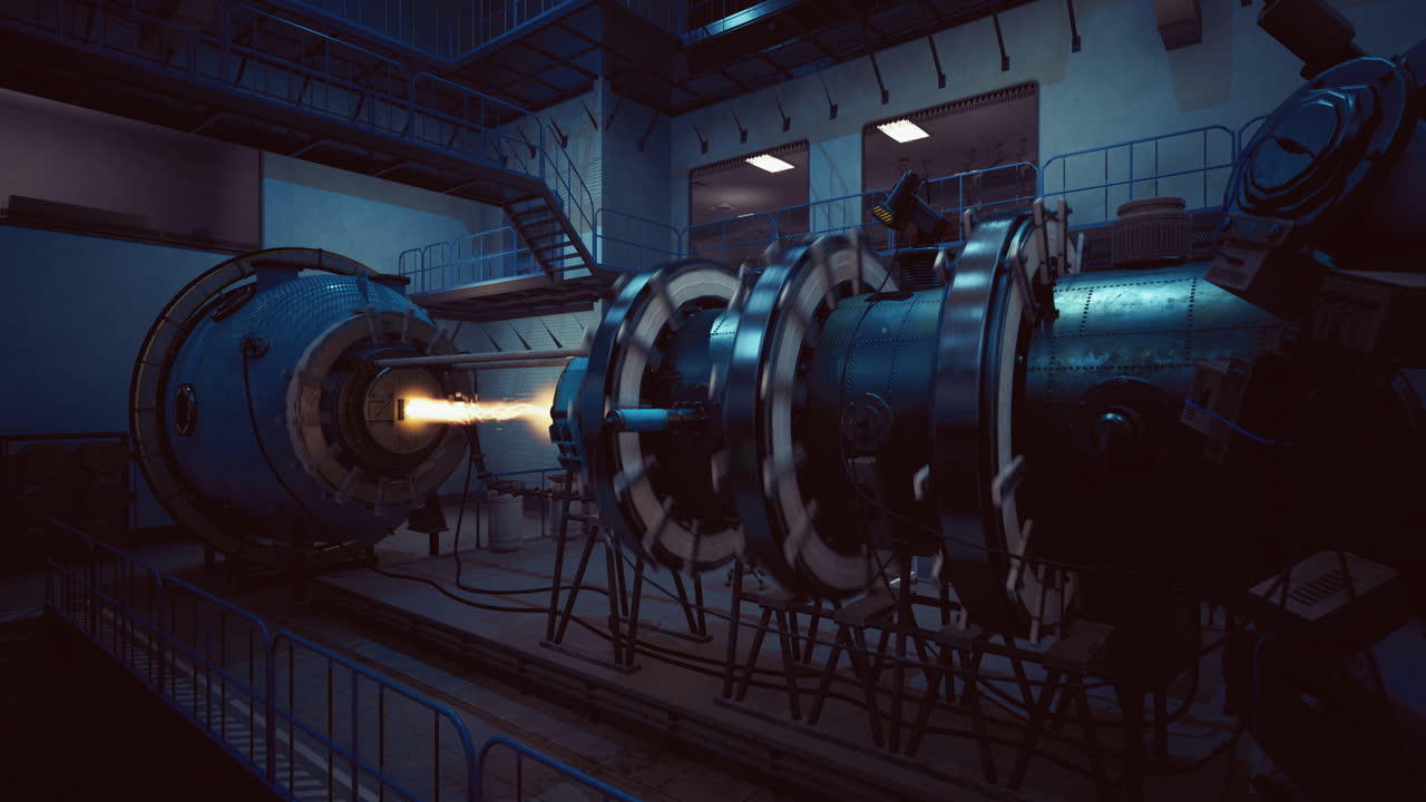 Advanced propulsion engine being tested in high tech facility at night