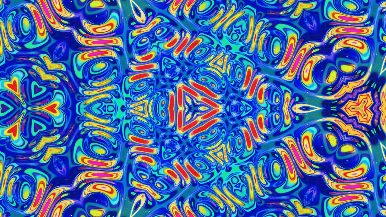 Liquid iridescent symmetrical pattern like kaleidoscope with waves. 3D stylish looped abstract bg, wavy structure of brilliant liquid glass with beautiful gradient colors. 4k