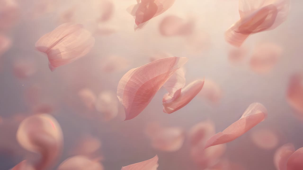 Drifting translucent pink petals moving past frame with breeze lifting, backlight creating rim