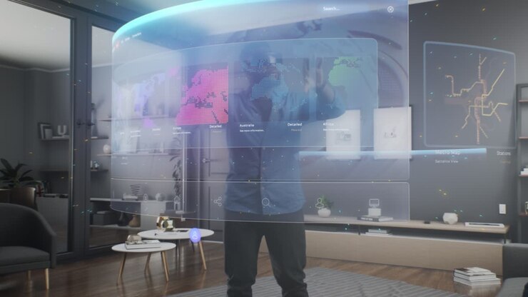 Uomo che usa un'interfaccia virtuale con mappa del mondo nel cyberspazio del metaverso.
