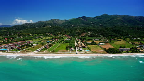 Aerial-drone-shot-over-the-coastline-in-Corfu,-Greece