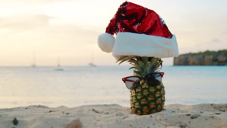 pineapple wearing christmas hat and sunglasses on the white sand beach in canada - steady shot