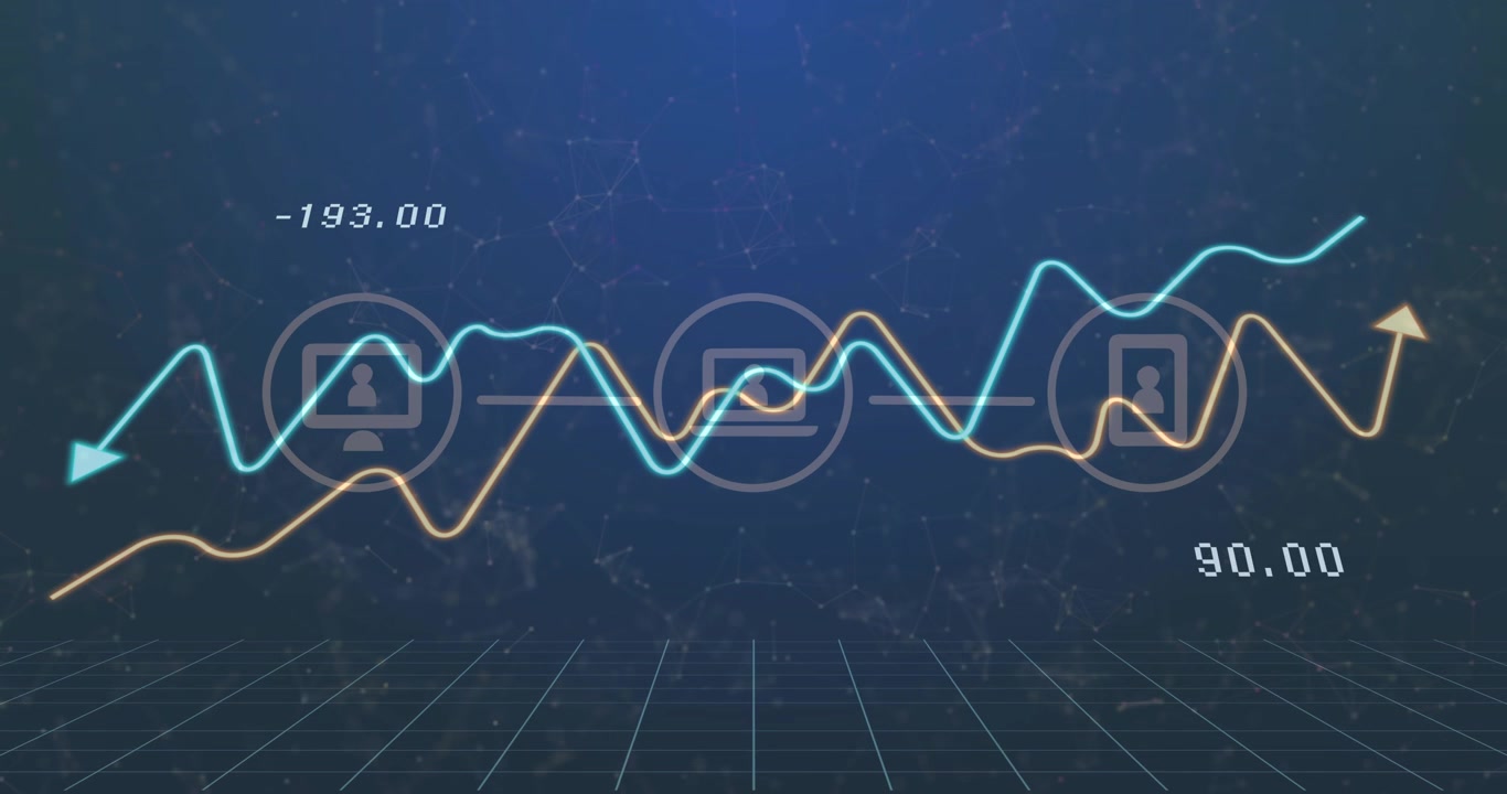 Cyan and yellow traces entering, passing 3 node icons, highlighting devices, updating tech metrics