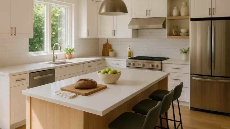 Cucina luminosa e moderna con mobili bianchi ed elettrodomestici in acciaio inossidabile.