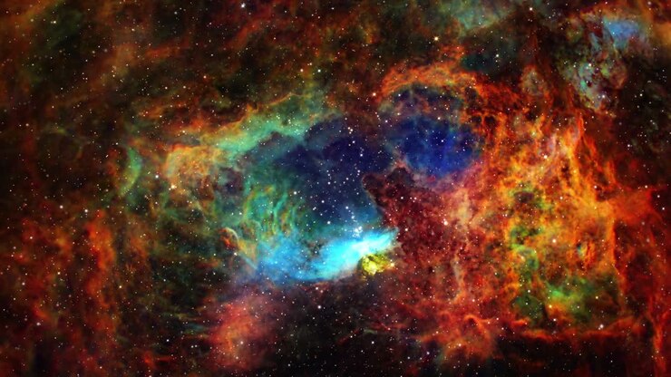 Loop-Weltraumflug, Tiefraumerkundung, Reise zu NGC 6357, dem Hummernebel. 4K 3D Loop-Weltraumerkundung zu NGC 6357, einem diffusen Nebel nahe NGC 6334 im Sternbild Skorpion. Bereitgestellt von NASA-Bildmaterial