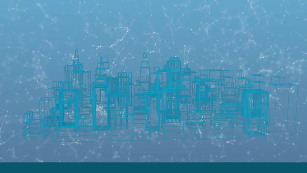 파란색 배경의 연결 네트워크에 대해 회전하는 3d 도시 모델