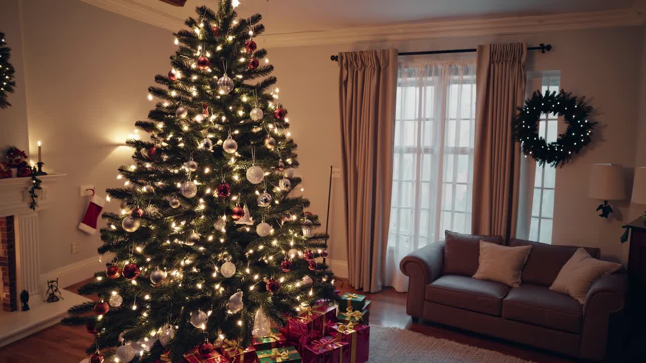 Cozy living room with a decorated Christmas tree, gifts, and wreaths
