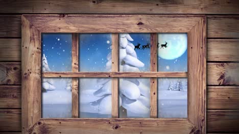 Wooden-window-frame-against-multiple-trees-on-winter-landscape-against-moon-in-the-night-sky