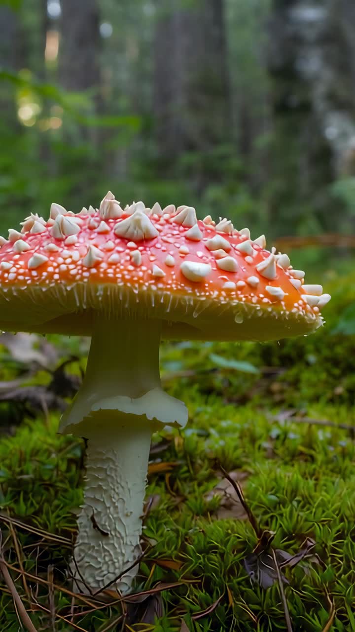 Vertical video: Opening frame sending camera upward revealing fungus on mossy floor, warted cap