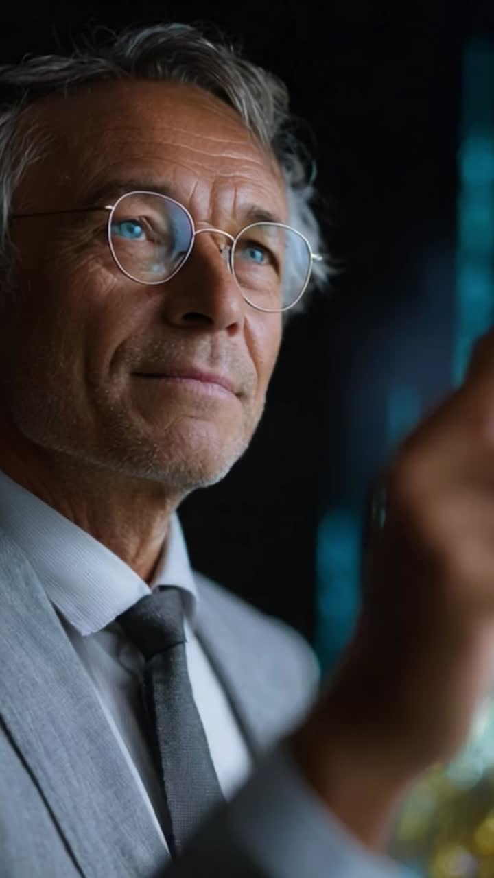 En omtenksom profesjonell mann med briller som reflekterer ideer, i en elegant dress mot en mørk bakgrunn, omgitt av myke blå og grønne lys