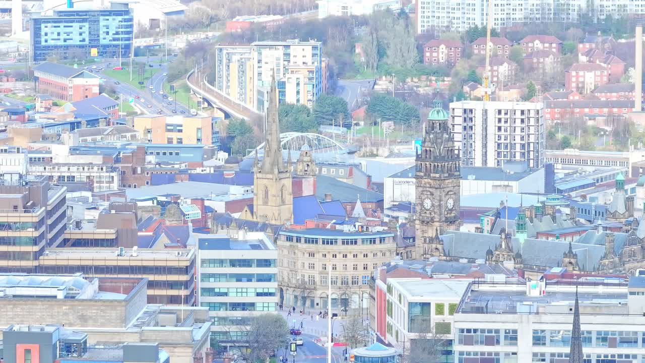 Drone Footage shot from Devonshire Green area, capturing the city centre of Sheffield