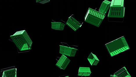 green plastic shopping baskets on black background.