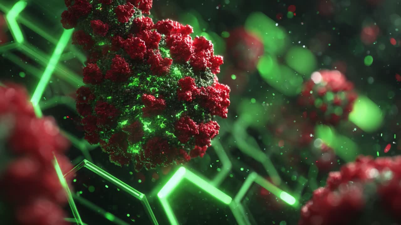 Stunning Digital Visualization of a Coronavirus Structure, Highlighting Intricate Details and Vibrant Colors Against a Futuristic Background