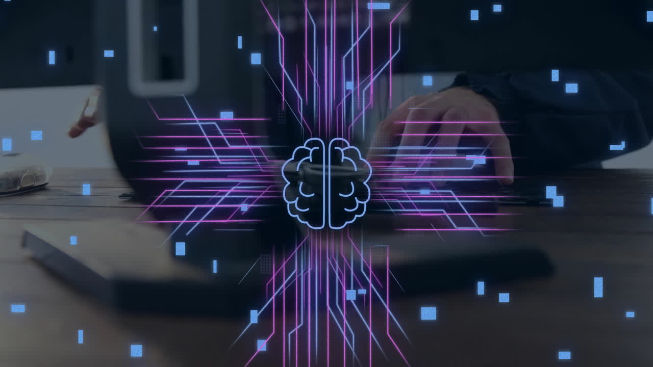 Animation of circuit board with data processing over caucasian man using laptop