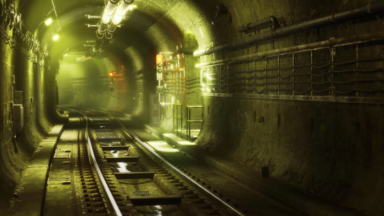 Mysterious underground tunnel with railway tracks and dim lighting at night