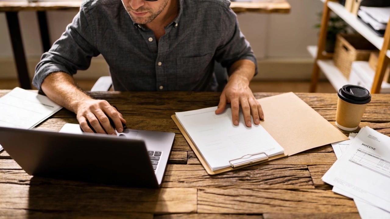 Homem de camisa de botão começando no laptop, revisando, virando a prancheta e tomando café no escritório.