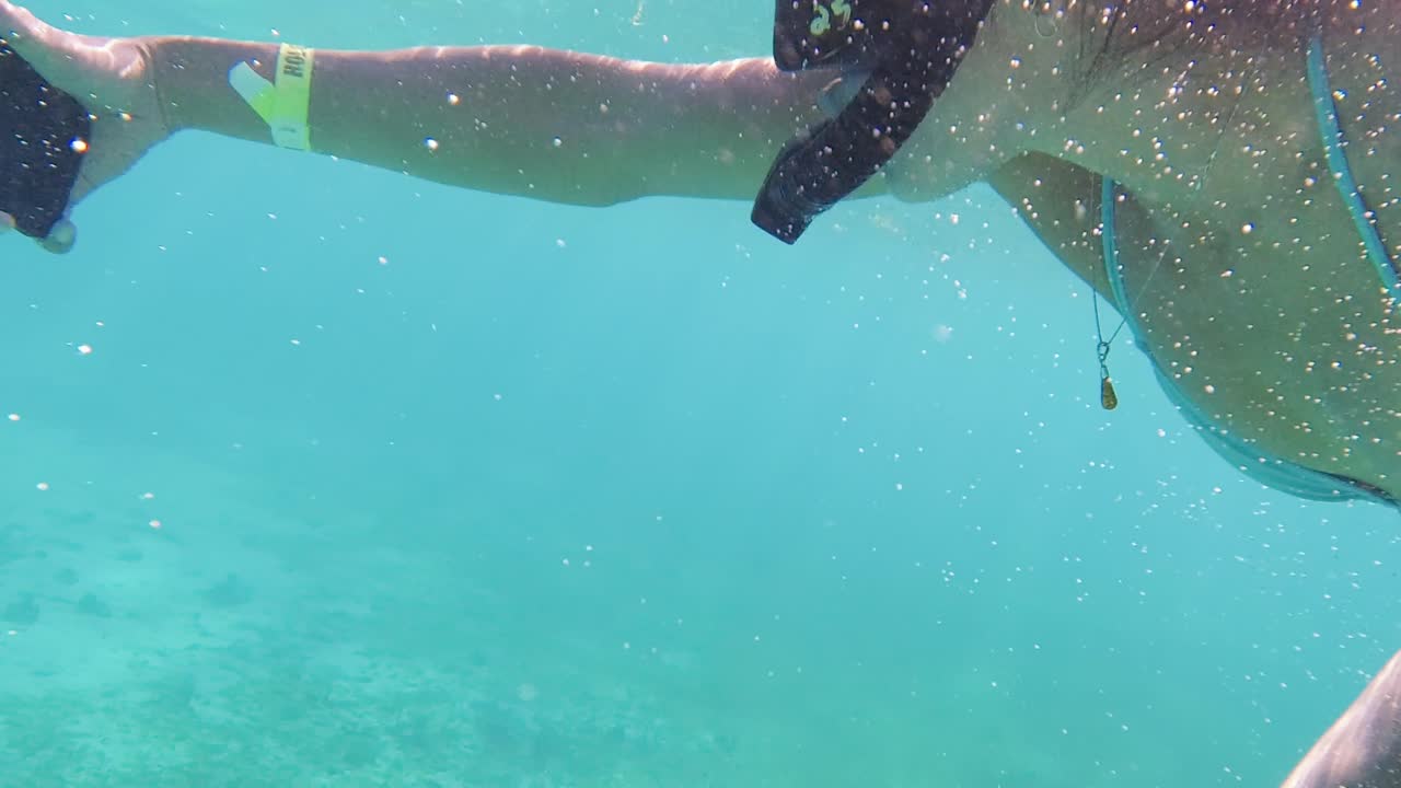 A female snorkeller holding an iPhone dives into the clear waters off Hol Chan Marine Reserve, San Pedro, Belize
