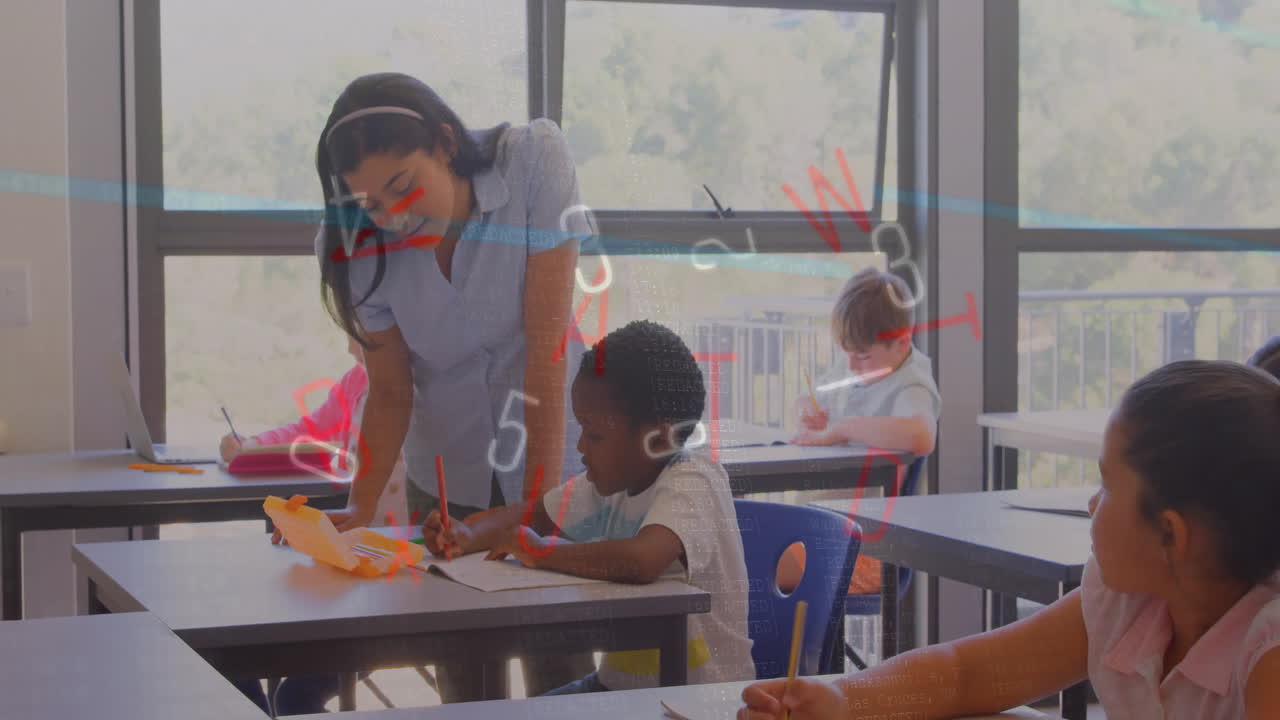 Teacher guiding student at desk in classroom, showing animated pencil icon above notebook