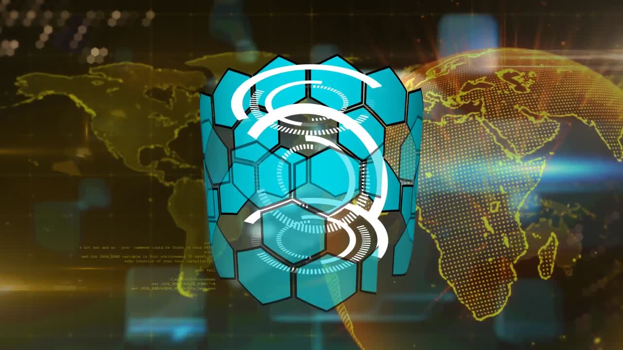 animación de la exploración del alcance sobre el globo y los hexágonos sobre fondo negro
