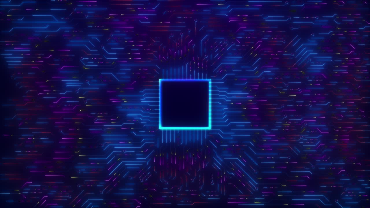 Digital neon circuit board pathways microchip center use of plexus connections vibrant motion across