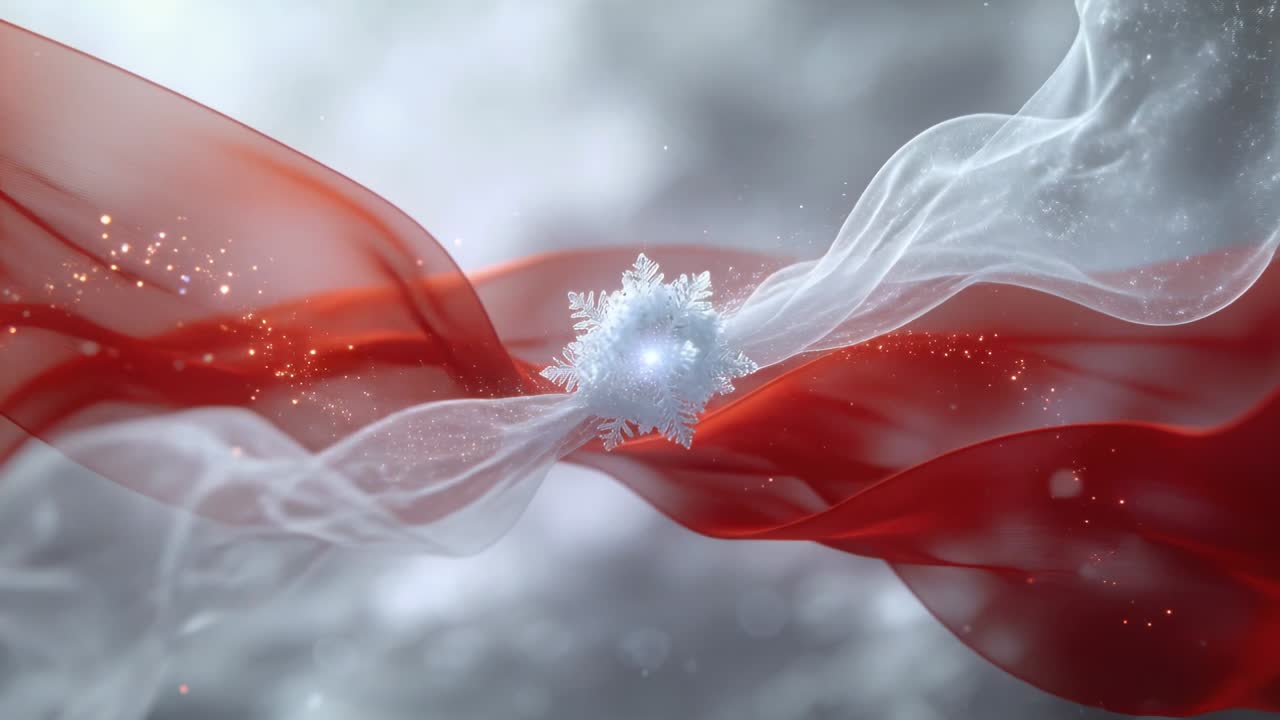 Nastri che si muovono velocemente da sinistra e destra, intrecciandosi attorno a un fiocco di neve luminoso su uno sfondo grigio.