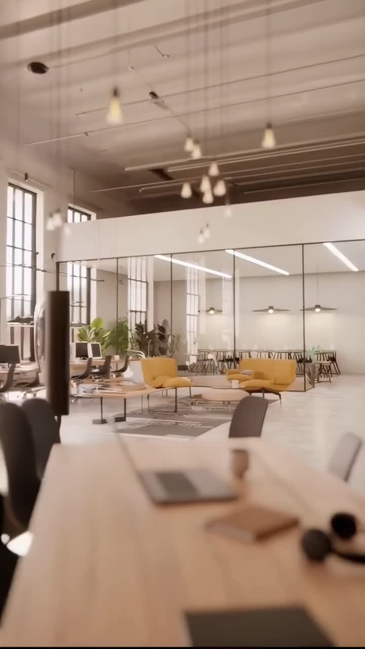 Modern office video with a cozy, open layout. Shot from a low angle, capturing stylish decor