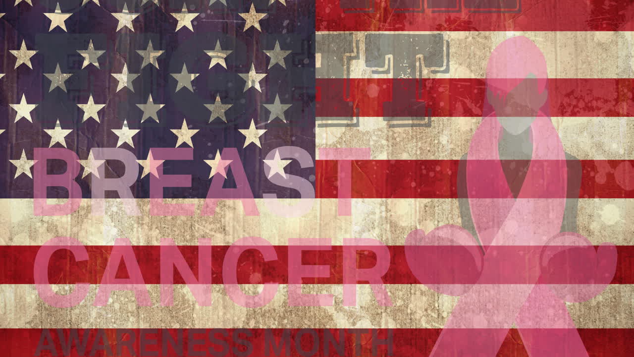 미국 국기 위에 유방암 텍스트가 있는 분홍색 리본 로고의 애니메이션