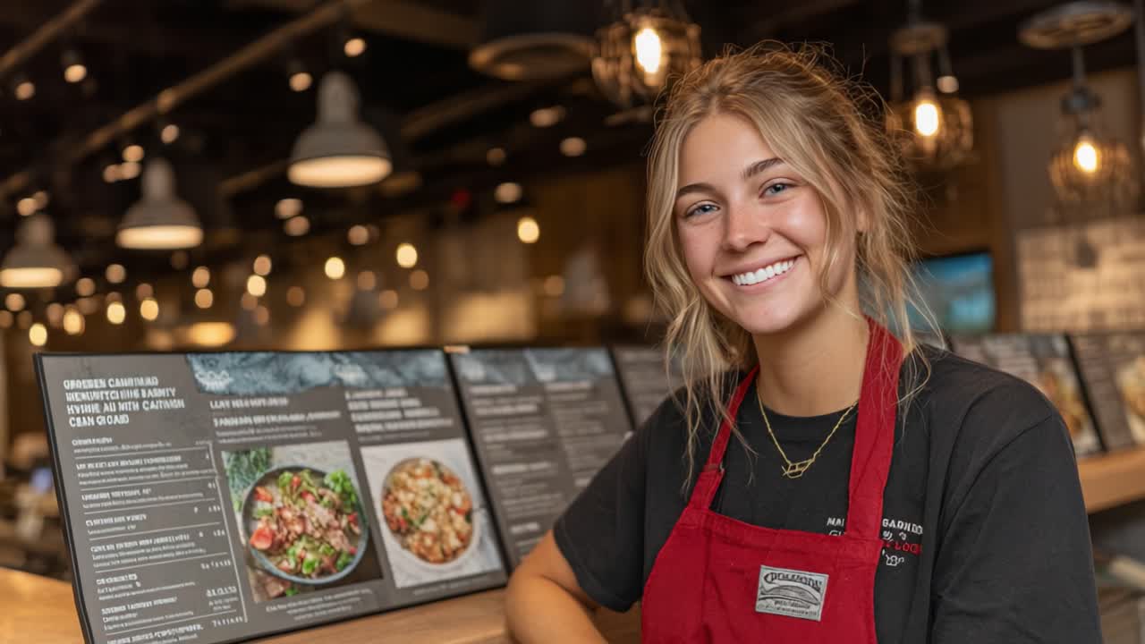 Smiling Young Staff Member Showcasing Delicious Menu Options in a Bright, Modern Eatery Setting, Highlighting Fresh Ingredients and Culinary Creativity