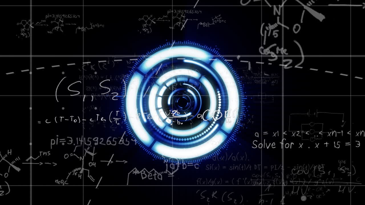 Animazione di scansione a mirino ed equazioni matematiche su sfondo nero.