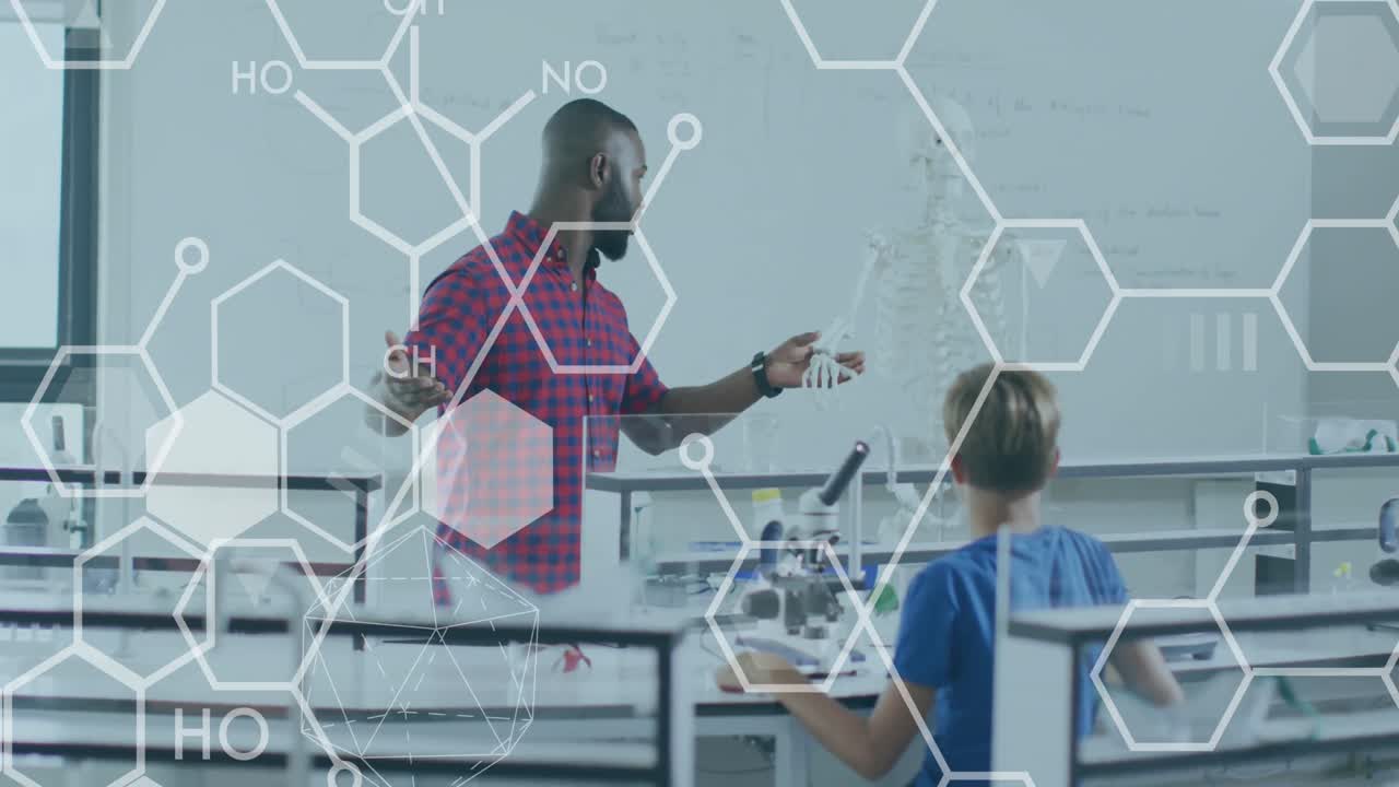 과학 수업에서 아프리카계 미국인 남성 교사와 학생들에 대한 기본 다이어그램의 애니메이션