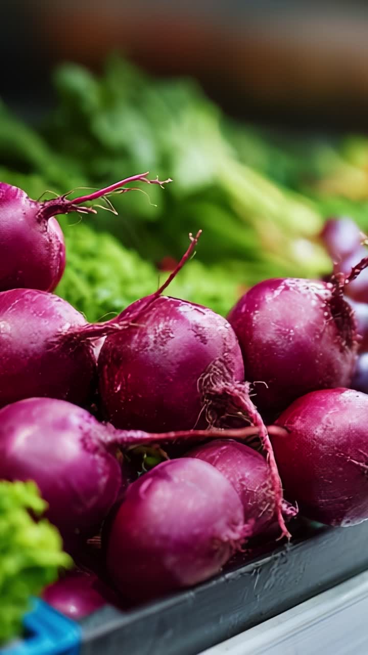 Fresh, vibrant purple radishes on display, surrounded by lush green lettuce and colorful vegetables, showcasing nature's bounty in a vibrant market setting
