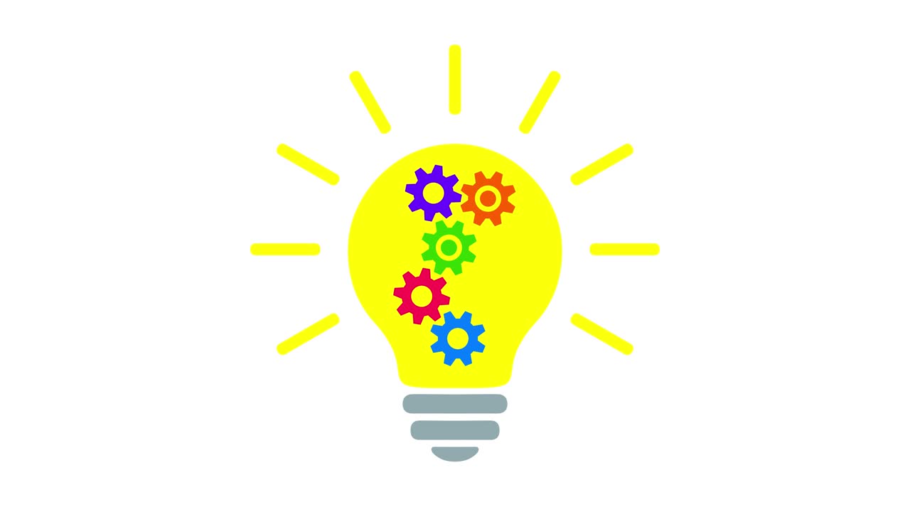 Yellow lamp bulb with 5 multicolored gears (cog wheels)  rotating inside, turns on and off, simple flat icon.