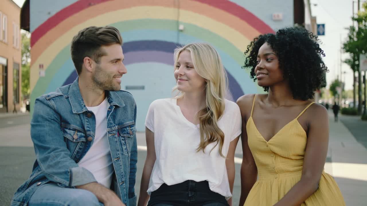 Left man starting speaking, center closing eyes smiling, right listening, sharing laugh under mural