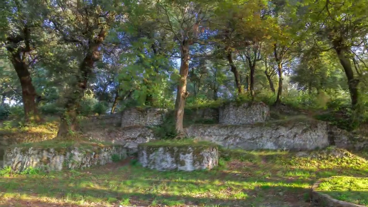 Parco di Villa Doria Pamphili nella splendida città di Albano Laziale, timelapse hyperlapse, Italia. Alberi verdi e luce calda