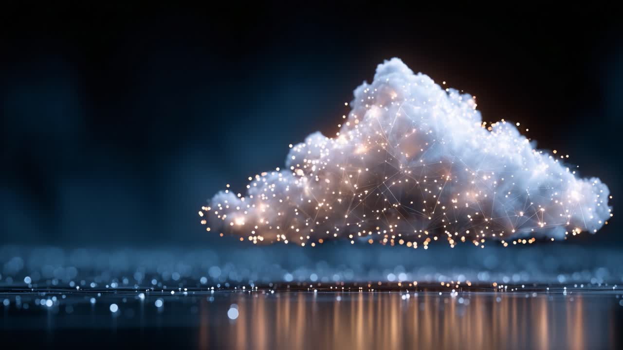 A Fantastical Digital Cloud Illuminated by Sparks of Light Against a Dark Background, Breathing Life into a Scene Full of Imagination and Technology