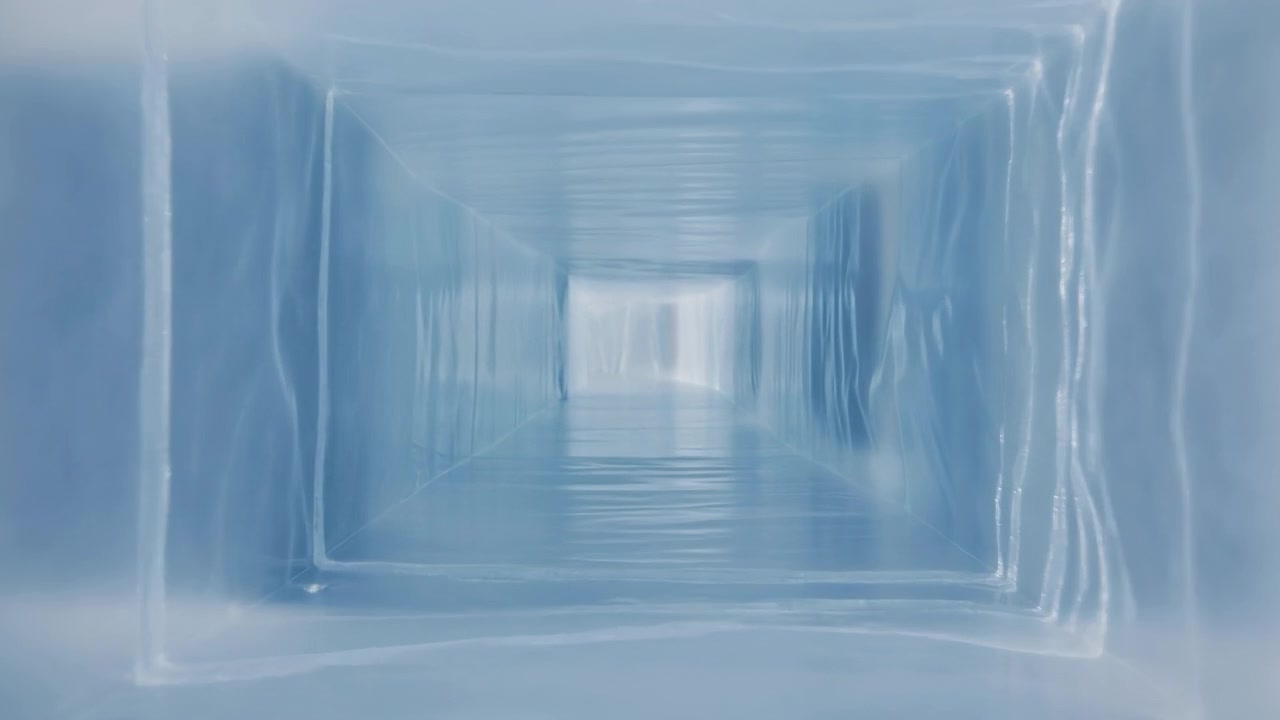 An early-to-mid sequence shows a centered translucent corridor of layered rectangular frames glowing in soft blue white light, creating a calm futuristic