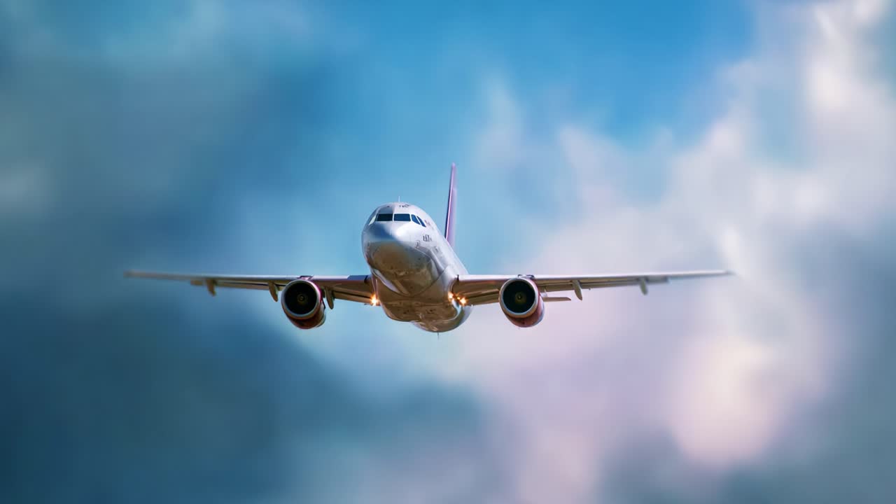 Una splendida vista aerea di un aereo passeggeri che vola tra scenari di nuvole spettacolari, catturando l'essenza dell'aviazione e dei viaggi in un singolo fotogramma