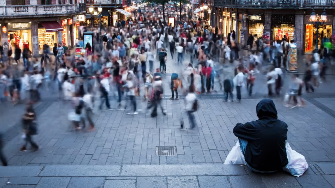 A bustling street filled with crowds during a weekend evening. People are walking past shops while one individual sits calmly on a step, surrounded by the city's vibrant energy.