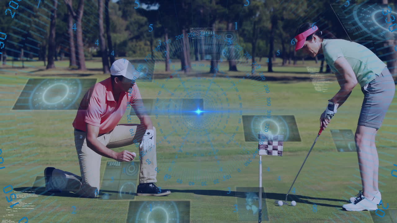 Golfers on green course preparing to putt with animation data overlay