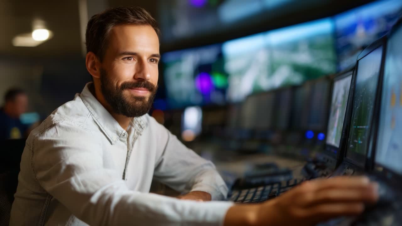 Focused Operator Engaged with Multiple Monitors in a High-Tech Control Room, Analyzing Data and Managing Operations with Precision and Expertise