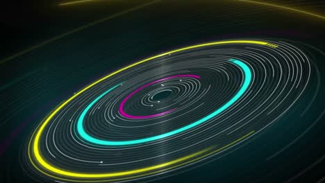 Animation-of-colourful-circles-moving-over-black-background