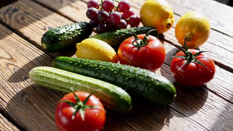 assortment of fresh vegetables and fruits with water droplets