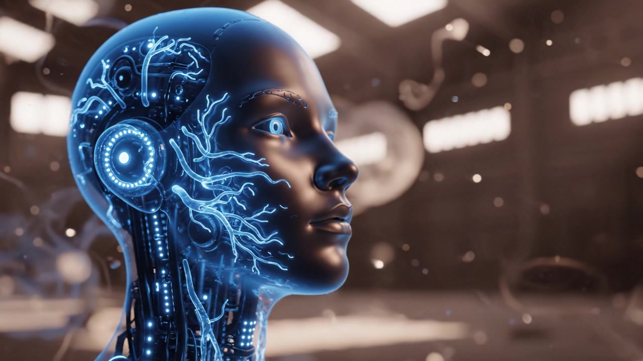 Testa robotica futuristica con circuiti luminosi e design intricati, che mostra concetti di tecnologia avanzata in un ambiente moderno e industriale, enfatizzando l'innovazione e l'IA