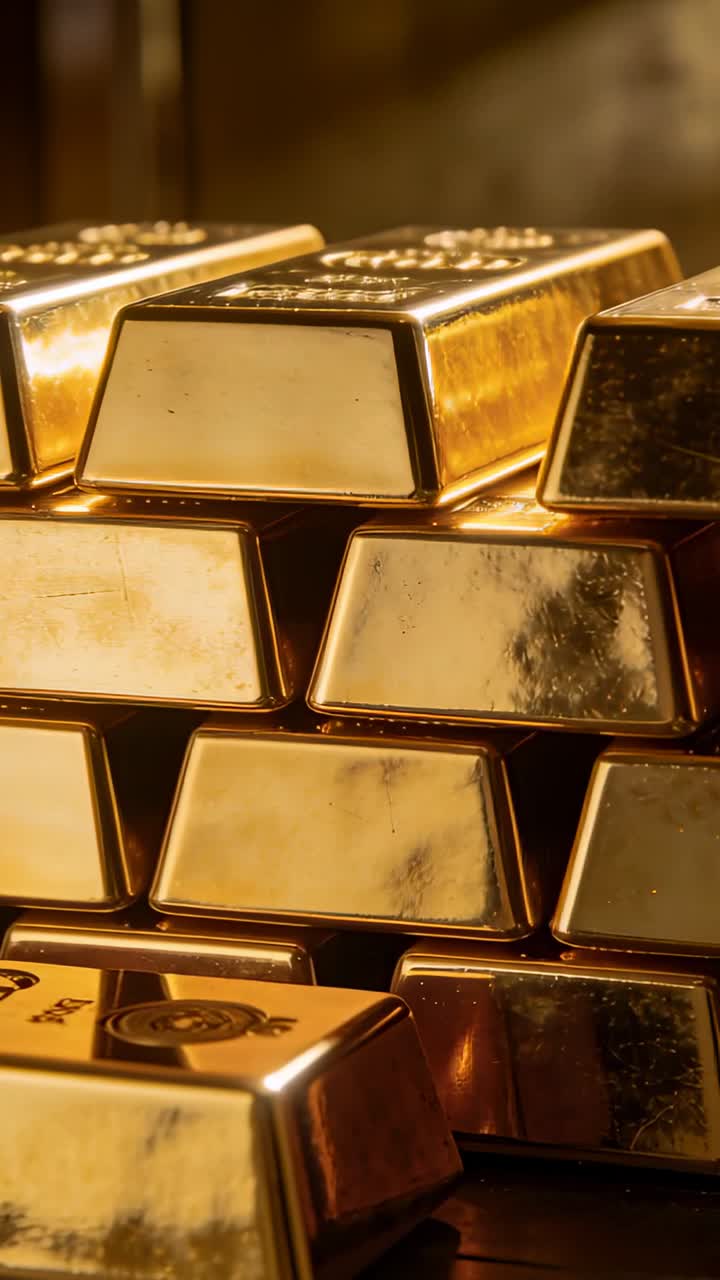 Video verticale: Lingotto d'oro che scivola entrando nell'inquadratura da sinistra, sistemandosi in una pila in un caveau sicuro.