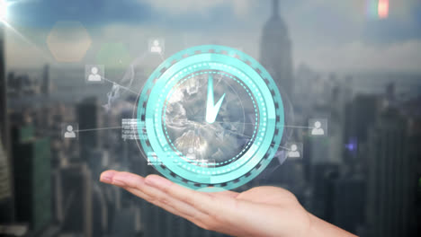 animation of clock moving fast, globe and connections over hand and cityscape